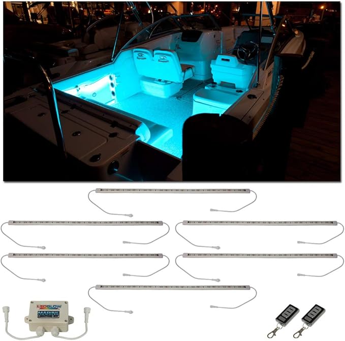 LEDGlow 6pc Million Color LED Boat Marine Deck & Cabin Accent Lighting Kit - 20" Waterproof Flexible Light Strips - Screw Cap Connectors with O-Rings - Includes Control Box & Wireless Remote