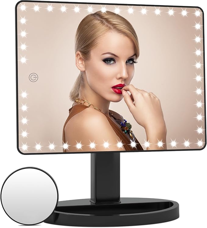 FUNTOUCH Large Lighted Makeup Mirror with Lights, Light Up Mirror with Small 10x Magnification for Desk, 360°Rotation Touch Screen,Brightness Adjustable Tabletop Cosmetic Vanity Make Up Mirror