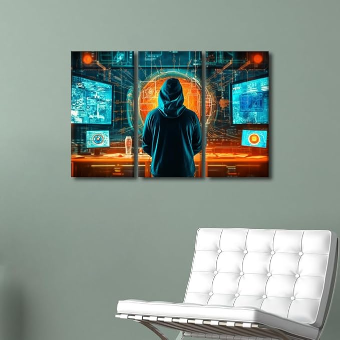 3 Panel Framed Wall Art Concept of Cybersecurity, Phishing, Cybercrime Picture Poster for Bedroom Living Room Wall Decoratio, Concept Art Gallery-Wrapped Ready to Hang, 36" Wx24 H