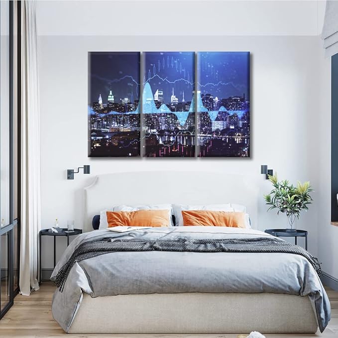 TUMOVO Forex Chart Drawings Over Cityscape Canvas Wall Art 3 Panel Smart City and Information Technology Abstract Paintings Wall Decor for Bedroom Print on Canvas Framed Ready to Hang (60" Wx40 H)