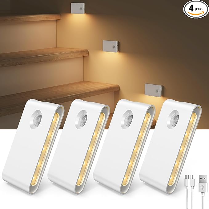 EZVALO Motion Sensor Light Indoor, 1500mAh Rechargeable Stair Lights, Magnetic & Dimmable, 3000K Soft White, Wireless Night Lights for Hallway, Stairway, Bathroom, Bedroom, 4 Pack