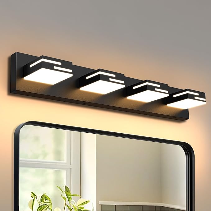 LED Modern Bathroom Vanity Light Fixtures 4-Light 5CCT Dimmable Matte Black Vanity Lights for Bathroom Lighting Fixtures Over Mirror, with 350° Rotatable Acrylic Heads, 28-inch