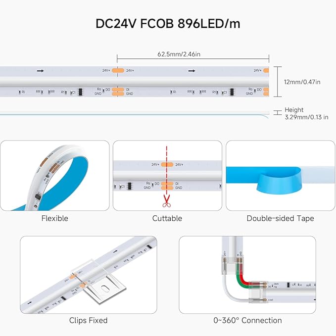 BTF-LIGHTING FCOB COB LED Strip WS2814 IC RGBW 6000K Flexible High Density Color Chasing Uniform Light 16.4FT DC24V 896LED/m 16IC/m 12mm Width for Home DIY Lighting Projects(No Adapter or Controller)