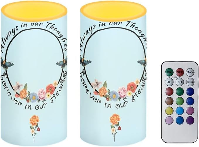 Personalized LED Memorial Candle for Loss of Loved One 2 Pack 6 x 3 inch Flameless Candles Blue Battery Operated Candles with Multicolor Timer Remote Control Flameless LED Fake Candles
