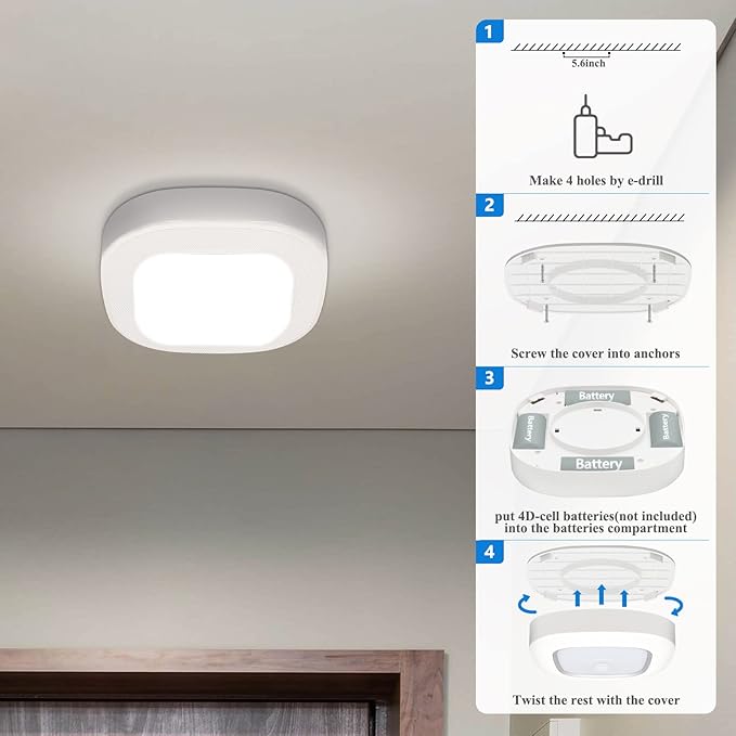 Closet Light, Battery Operated Ceiling Motion Sensor LED Light, 300LM Indoor Wireless, for Hallway, Garage, Stairway, Pantry, Shed Wall, 2 Pack