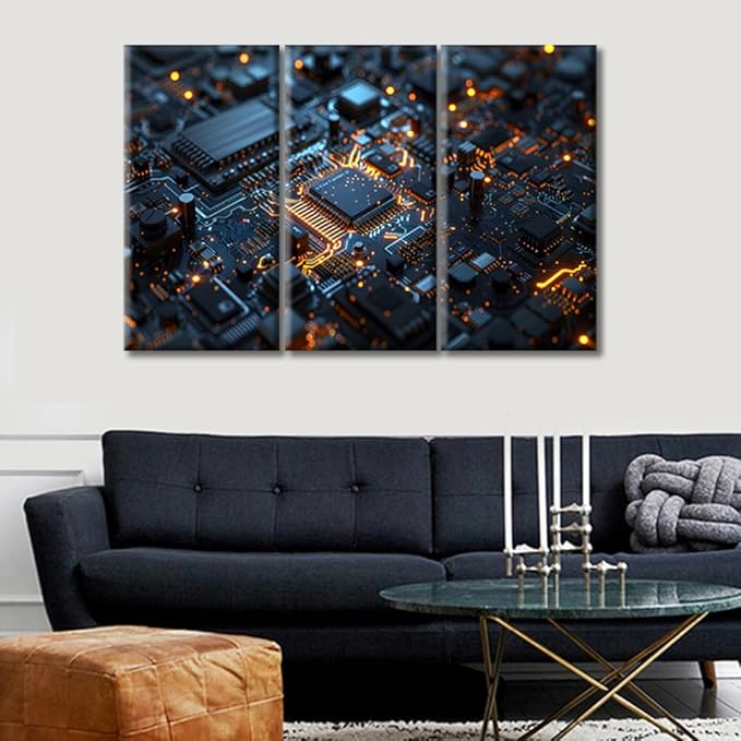 Canvas Wall Art for Bedroom 3D Technology Motherboard Wall Decorations for Living Room Office Wall Decor Circuit Board Pictures Wall Painting 3 Piece Stretched and Framed Ready to Hang (36"Wx24"H)
