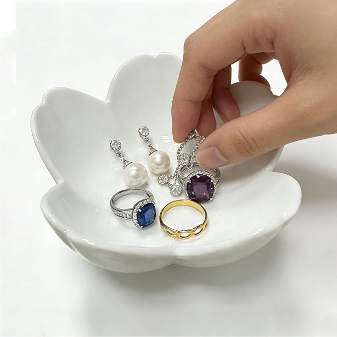 Ceramic Jewelry Dish, White Small Jewelry Bowl, Flower Ring Dsih Decorative Jewlery Tray, Cute Trinket Tray Jewelry Holder for Bathroom Nightstand, Friendship Birthday Gifts for Women Mom