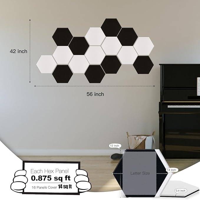 Mollywell Hexagon Acoustic Panels 14x12 - Reduce Echo & Reverb, Noise Blocking Wall Tiles for Recording Studio & Home Office, Black & White Sound Absorbing Panels