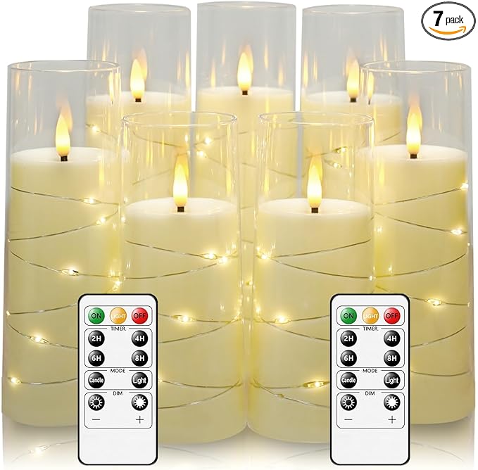 Flameless Candles with Embedded Star String, Battery Operated LED Pillar Candles with Timer and Remote Control,Home Decorating for Ambiance， Set of 7(Ivory)