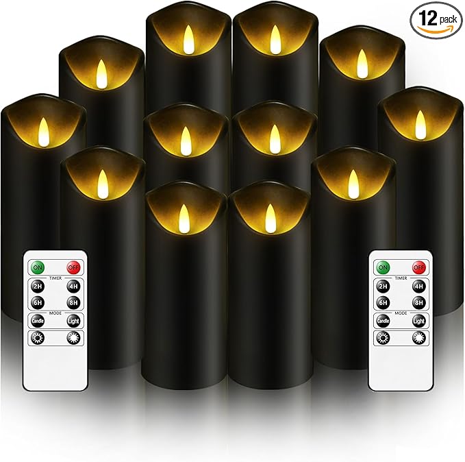Flameless Candles with Remote, Battery Operated Flickering Flameless Candles, LED Candles with Timer 2/4/6/8H, with Realistic LED Candles Set of 12 (D2.2 x H 5" 6" 7") (Black)