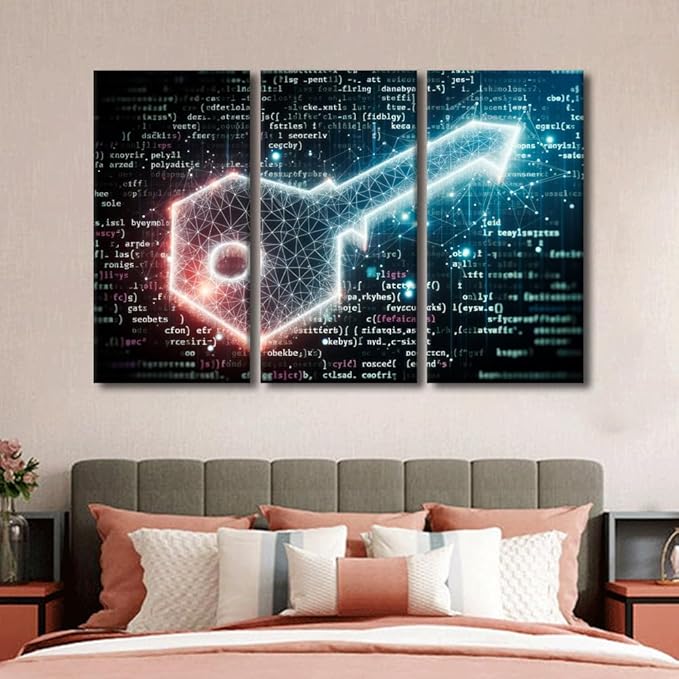 TUMOVO Modern Wall Art for Bedroom 3 Piece Abstract Glowing Key on Digital Background Pictures Print on Canvas for Home Hotel Office Wall Decoration, Gallery-Wrapped Ready to Hang, 60" Wx40 H