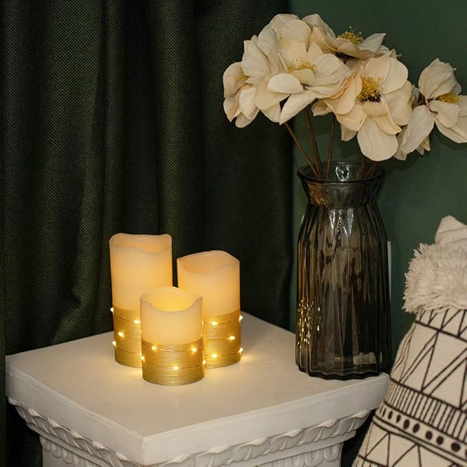BeMoment Flickering Flameless Candles with Timer, Battery Operated Candle Embedded String Lights, Gold Paint Finish, Ideal for Home Decor, Holidays, and Festivals, 3pcs (D 3" x H 4" 5" 6")