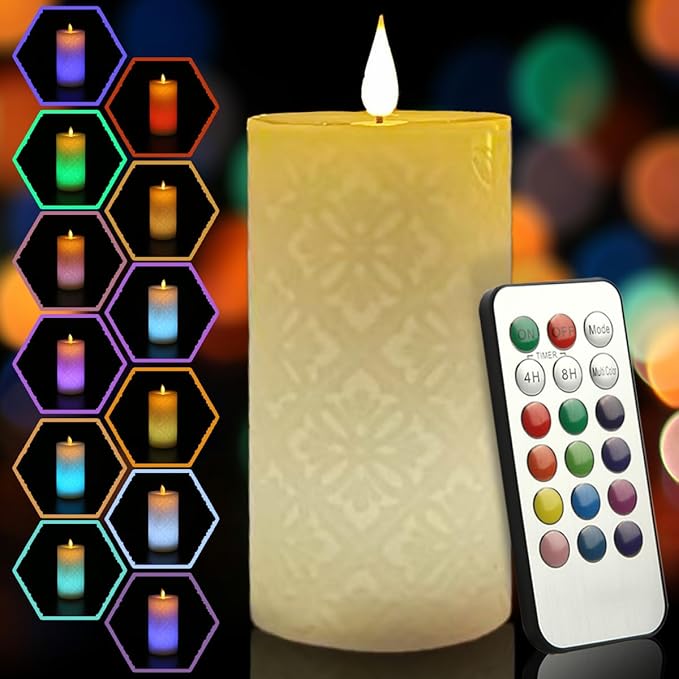 NICEME LED Color Changing Candle with Remote Timer 6” Electric Multi Colored Flameless Candle Battery Operated Round Ivory Flickering Pillar Votive Candle for Halloween Christmas Wedding Party Decor