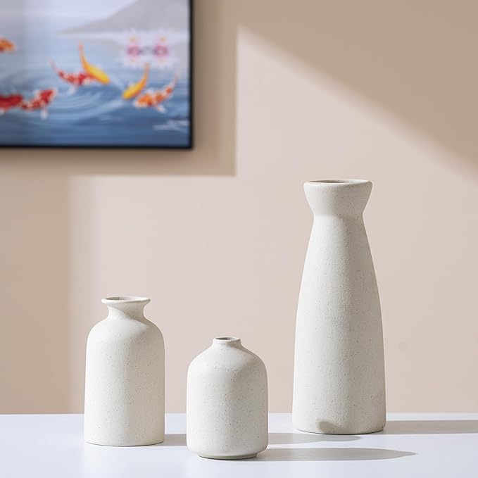Ceramic Small Vase Set of 3,Modern Boho Farmhouse Home Decor,Pampas Grass Vase,Minimalist Decor,for Entryway Table,Bookshelf,Living Room, Bedroom,Kitchen,Coffee Table Decoration (White)