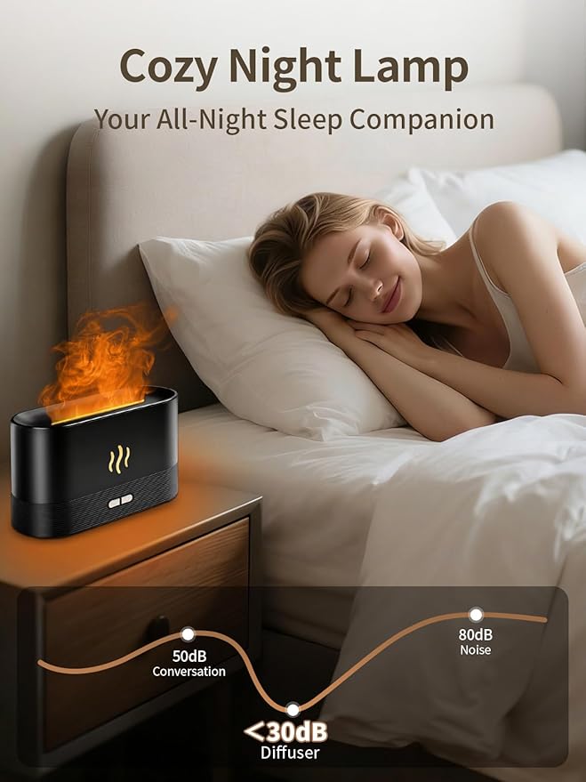 Flame Essential Oil Diffuser, 180ml Aromatherapy Diffuser with 7-Color LED Lights, Auto Shut-Off, Ultrasonic Cool Mist Humidifier for Home, Bedroom, Office, Gift (Black)