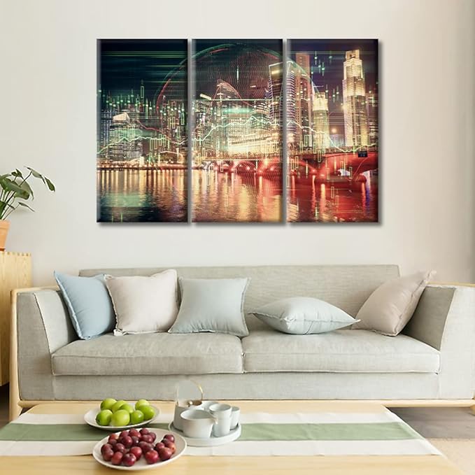 TUMOVO Wall Art Modern Buildings and Various Charts Pictures Living Room Wall Decor 3 Pieces Trading Graph on The Cityscape at Night Background Black and White Wall Art Ready to Hang (42" Wx28 H)