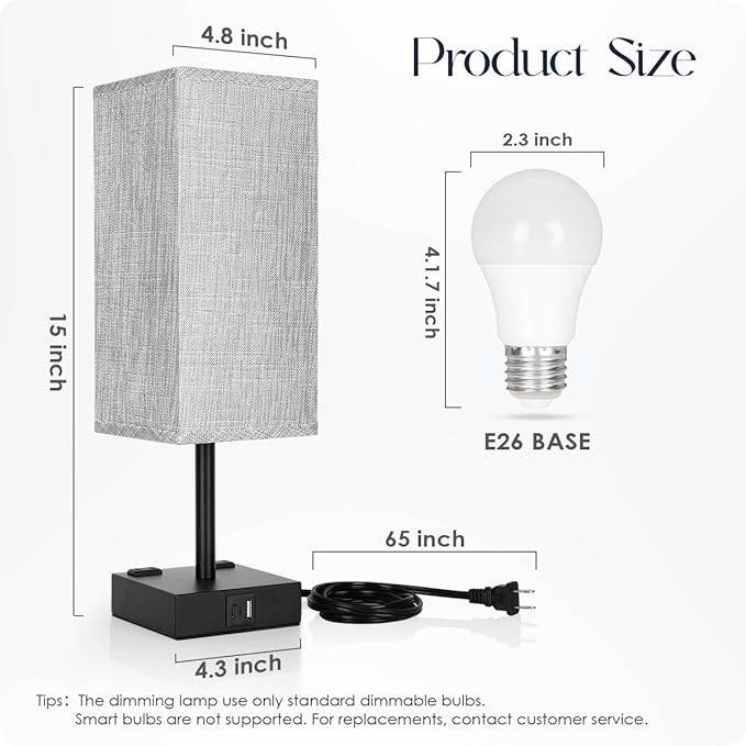Bedside Table Lamps Set of 2 - Touch Nightstand Lamp for Bedroom with USB C+A Charging Ports & AC Outlets, 3-Way Dimmable Desk Lamp Grey Fabric Shade for Bedroom Living Room, Office(Bulb Included)