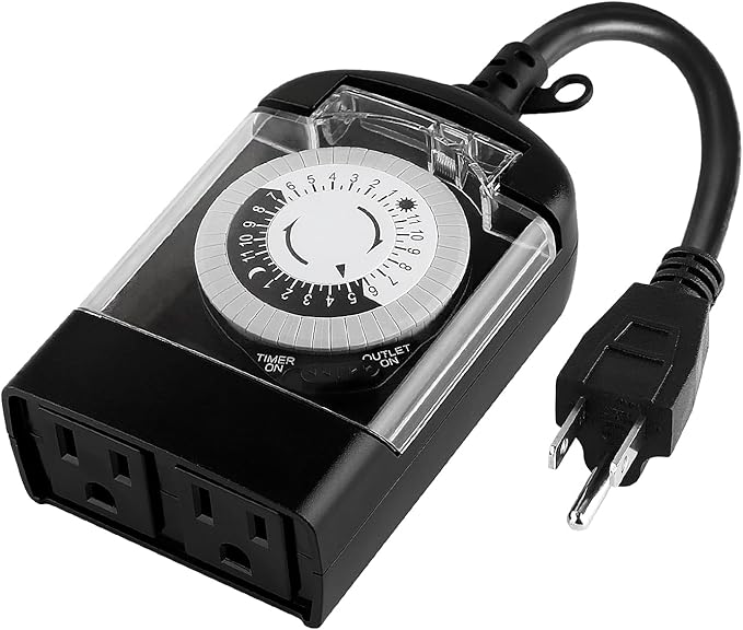 Outdoor Timer Outlet Waterproof, 24 Hour Mechanical Timer Outlet for Home and Garden, 2 Grounded, 15A 3/4HP, Black, 1 Pack