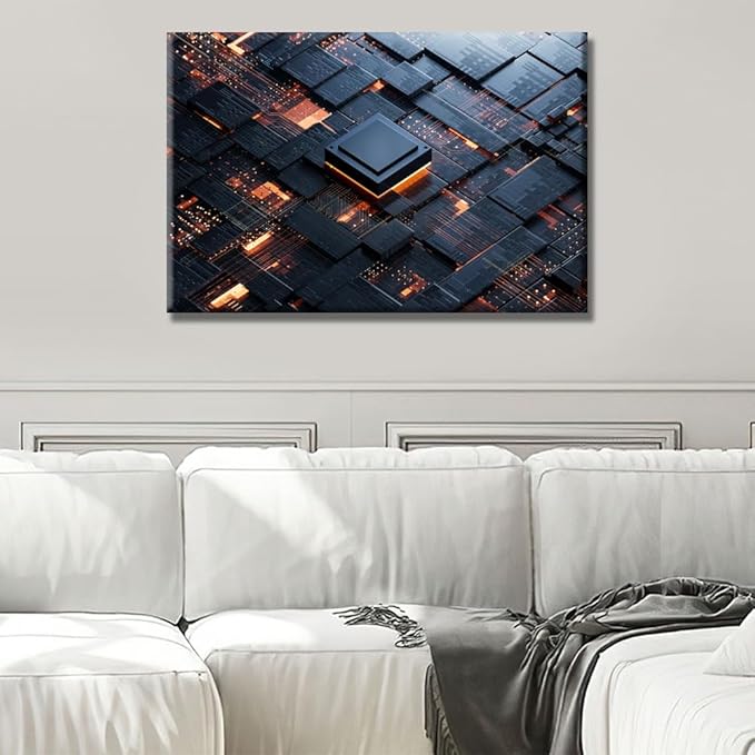 LSIUHWUWI Wall Art for Living Room Central Computer Processors CPU Canvas Wall Art Electronic PC Technology Canvas Wall Art for Bedroom Artwork Decoration Framed Ready to Hang 16X24 INCH