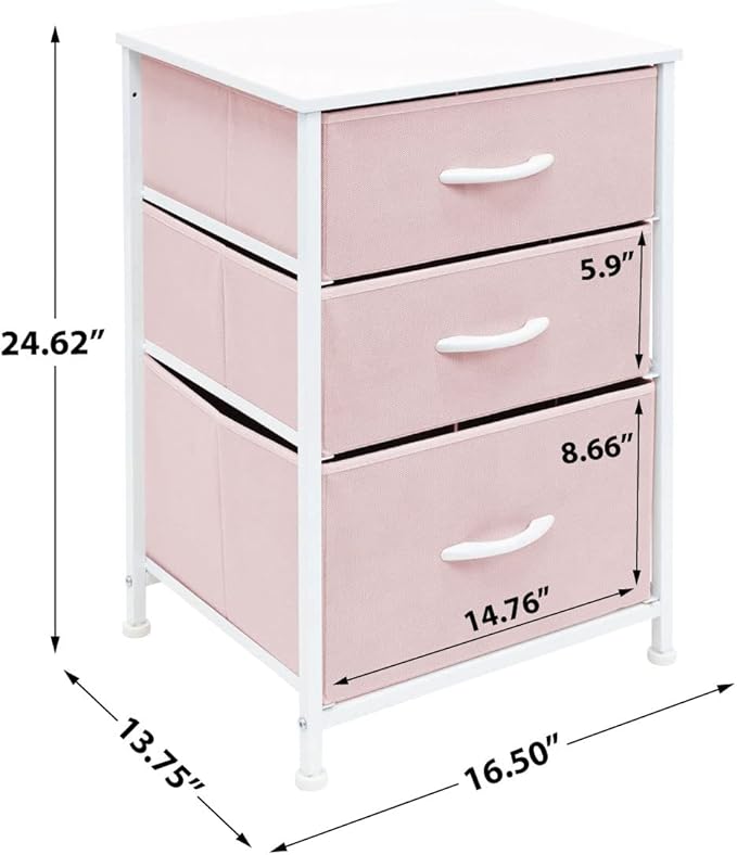 Sorbus Nightstand with 3 Drawers - Furniture Storage Chest Tower Unit for Bedroom, Hallway, Closet, Office Organization - Steel Frame, Wood Top, Pastel Fabric Bin (Pink)