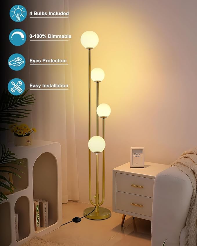Lightdot Gold Globe Floor Lamp 4-Lights Dimmable Floor Lamps 3000K Bulbs Included Unique Modern Standing Tall Lamp for Living Room/Bedroom/Sofa Beside/Corner Decor
