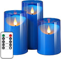 NURADA Flameless Candles: LED Pillar Acrylic Electric Battery Candles with Remote and Timer for Wedding Party Home Valentine Romantic Decor - Pack of 3 Blue