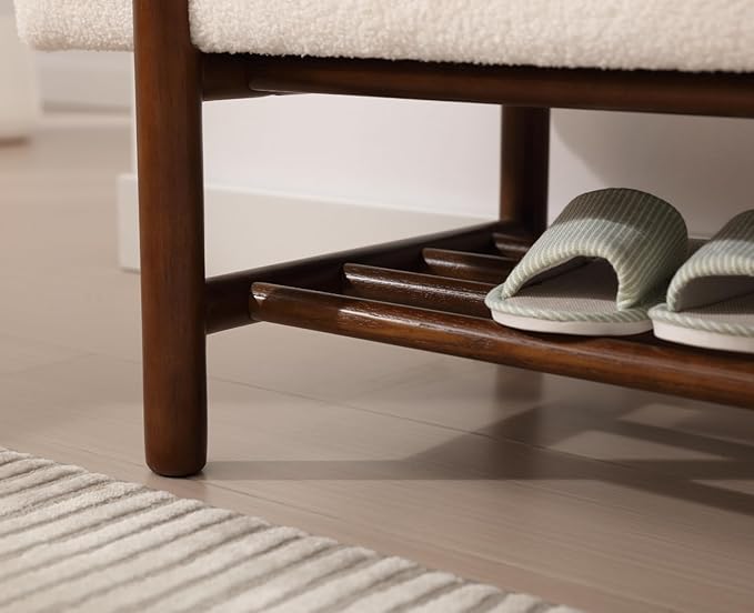 Modern Entryway Storage Bench, Upholstered Shoe Ottoman Bench, Flip-Top End of Bed Bench with Wood Shelf for Living Room/Bedroom/Hallway/Under Window,45Inches, Cream Faux Fur