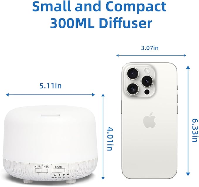 300ML Essential Oil Diffuser, Cool Mist Air Aromatherapy Oil Diffuser with Remote Control, 8 Hour Quiet Home Diffuser, 7 LED Light Colors, Timer,for Small Rooms Bedrooms.