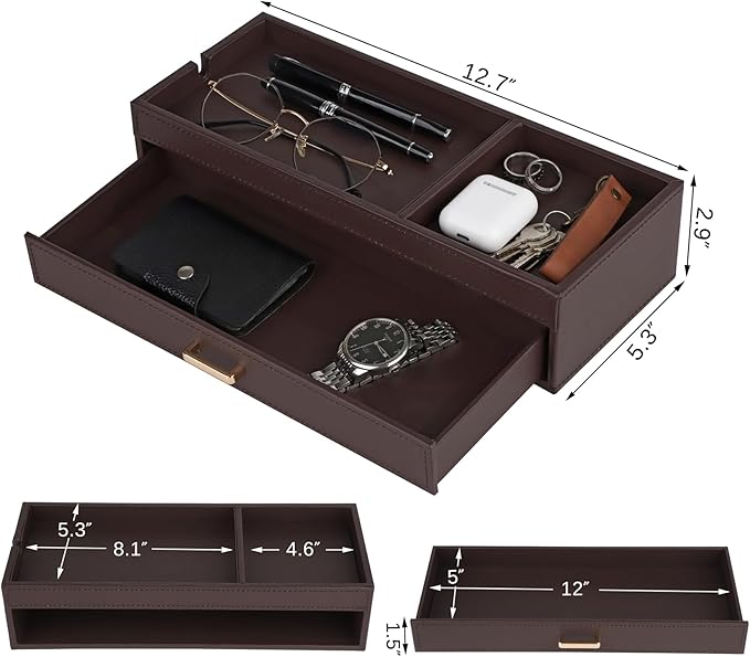 HofferRuffer Valet Jewelry Tray Organizer with Drawer, Faux Leather Storage Catchall Box Phone Charging Station Tray with Dresser Nightstand Desktop Drawer Organizer (Dark Brown)