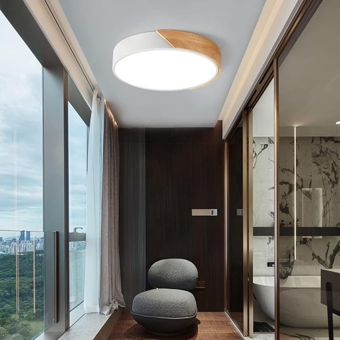 Wood LED Flush Mount Ceiling Light, 3CCT 3000K-6500K Modern Round Close to Ceiling Lighting Fixtures,12 Inch Minimalist White Ceiling Lamp for Living Room, Bedroom, Laundry Room, Not Dimmable