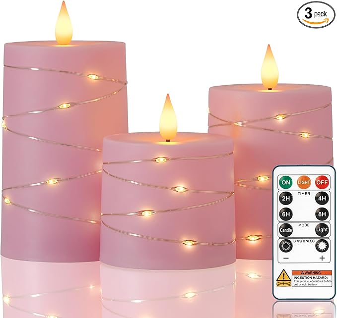 Raycare Easter Pink Flameless Candles with Remote Timer, Flickering Battery Operated LED Pillar Fake Candle with String Lights for Home Decor, Christmas, Wedding and Gift, Set of 3