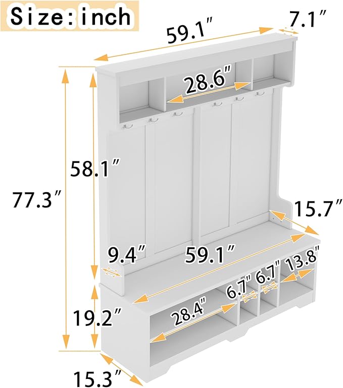 Modern Hall Tree with Metal Hooks and Storage Space, Wood Multi-Functional Entryway Coat Rack with Shoe Cubbies for Hallway Living Room Bedroom (White/r11)