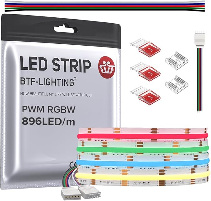 BTF-LIGHTING FCOB COB LED Strip RGBW 3000K 896LED/m 9.8FT DC12V Color Changing Flexible High Density Uniform Light 12mm Width for Home Indoor Decoration(No Adapter or Controller)