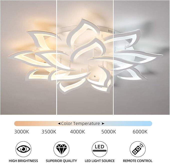 Garwam LED Dimmable Flower Shape Ceiling Light 14-Head Modern Petal Flush Mount Ceiling Lamp with Remote Control White Metal Acrylic Ceiling Chandelier Lighting for Living Room Bedroom Dining Room