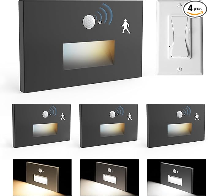 4 Pack Motion Sensor Stair Lights Indoor Outdoor,Dimmable Motion Activated Step Lamp 3000K/4000K/6000K,Hardwired 120V 4W IP65 Waterproof Outside Stairway Light,Led Staircase Lights- Black