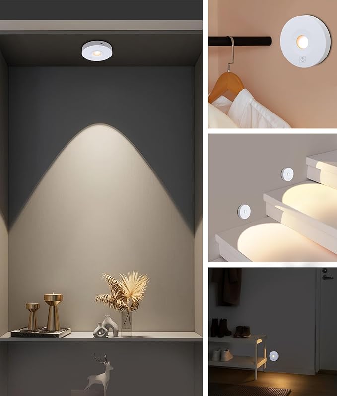 Rechargeable Puck Lights, 3 CCT & Dimmable Under Cabinet Lighting Wireless Magnetic Battery Operated Closet Light 2W 70LM White(5 Pack, Remote Control not Included)