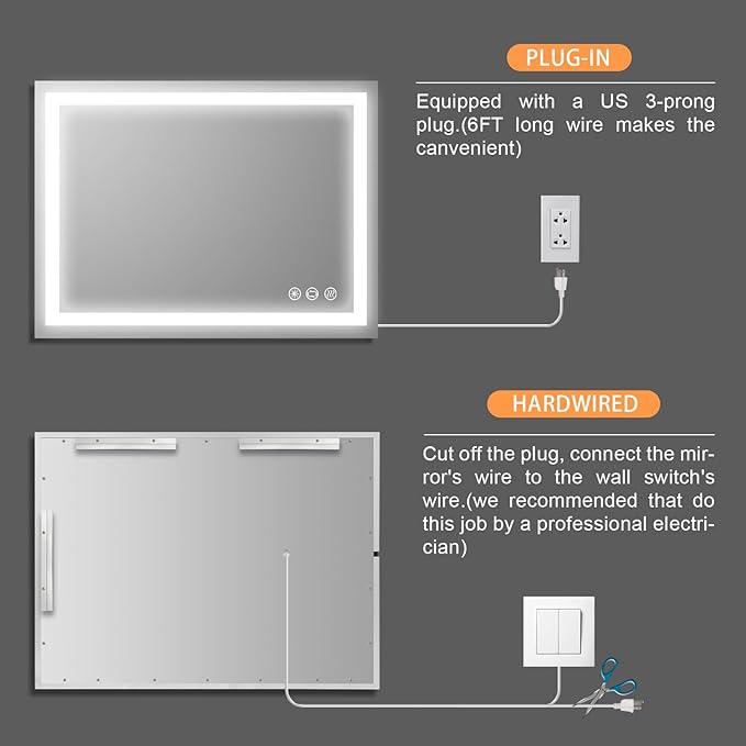 32x24 inch Wall Mounted LED Bathroom Mirror with 3000K-6000K Dimmable, Anti-Fog, Lighted Bathroom Mirror with Smart Touch Button, Memory Function(Horizontal/Vertical)