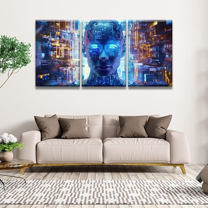 LSIUHWUWI Artificial Intelligence, Cyber Security Pictures for Bedroom Wall Decor 3 Panel Wall Art Print on Canvas Posters and Prints Wall Hanging Decor Frame Artwork Ready to Hang 16x24inchx3
