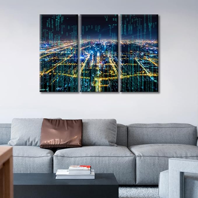 3 Pieces Abstract Futuristic PCB Pattern and CPU Poster Home Decor Modern City with Wireless Network Connection Artwork Wall Art for Living Room Print on Canvas Framed Ready to Hang ((42"Wx28"H)