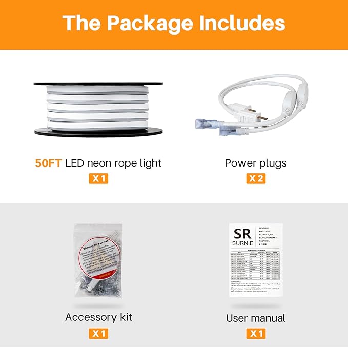 SURNIE 50ft/15m LED Neon Rope Lights - Commercial Neon Strip Light Outdoor Waterproof - 110V Flex Warm White Neon Lights Connectable DIY Strips Lighting for Indoor Outdoor Decor