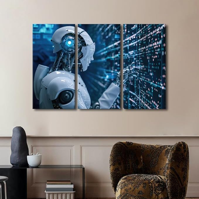 TUMOVO 3 Pieces Canvas Wall Art - Robot Pictures for Home Wall Decor AI Intelligence Canvas Painting Wall Art Big Data Analysis Artwork Giclee Gallery-wrapped Framed Ready to Hang, 60" Wx40 H