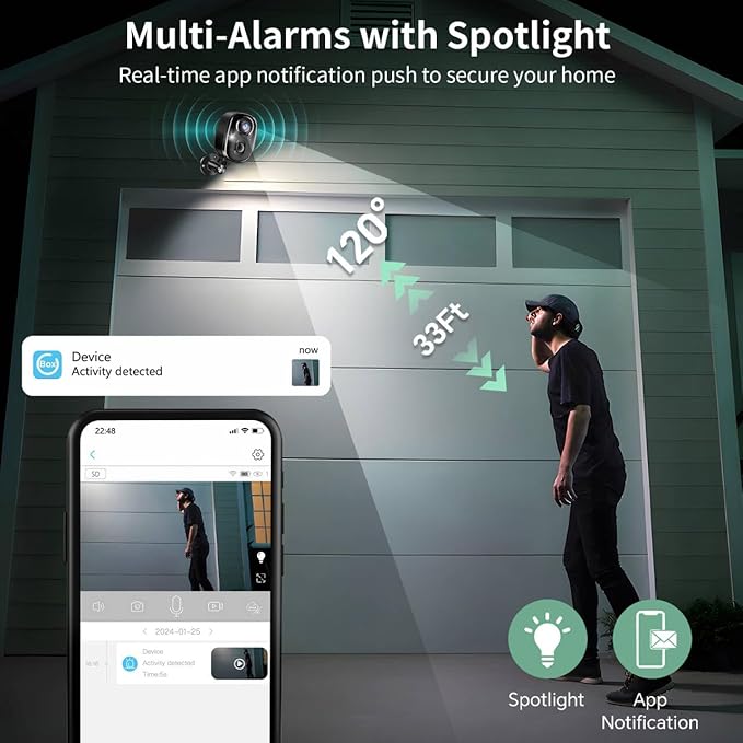 Security Camera Wireless Outdoor 4K Battery Powered Full Color Night Vision WiFi Indoor Camera 2-Way Talk Motion Detection Microphone Spotlight Alarms SD/Cloud Storage for Home Security Yard Kids Pets