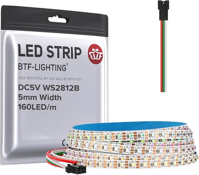 BTF-LIGHTING WS2812B IC RGB 5mm Ultra Narrow LED Strip 2020SMD DC5V Individually Addressable 6.4FT 160Pixels/m 320LED Dream Color Tape Light for Home DIY Decoration IP30 (No Adapter or Controller)