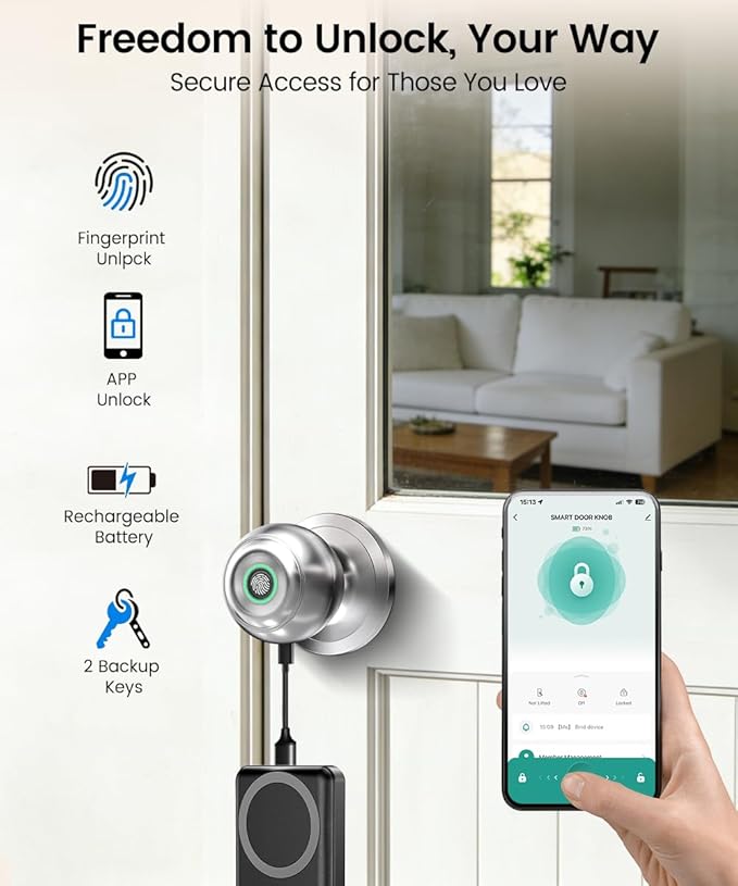 Fingerprint Door Lock, Smart Fingerprint Door Knob with Lock, Biometric Door knob with App Control & Key, Keyless Thumbprint Entry Door Locks for Bedrooms, Front Door, Home, Apartment-Bright Silver