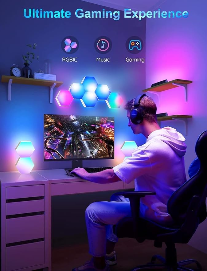 Gaming LED Hexagon Lights, Smart Hexagon Wall Lights App and Remote Control, LED Light Panels for Wall Music Sync, DIY Geometry RGB Gaming Room Decor for Living Bedroom Streaming, 7 Panels