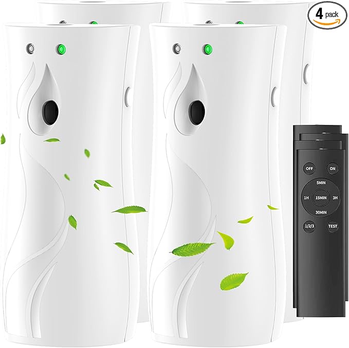 4 Pack Automatic Air Freshener Dispenser with Remote Control – Wall Mounted or Free Standing Battery Operated Scent Spray Dispenser for Home, Office, Bathroom (WHITE, Standard)