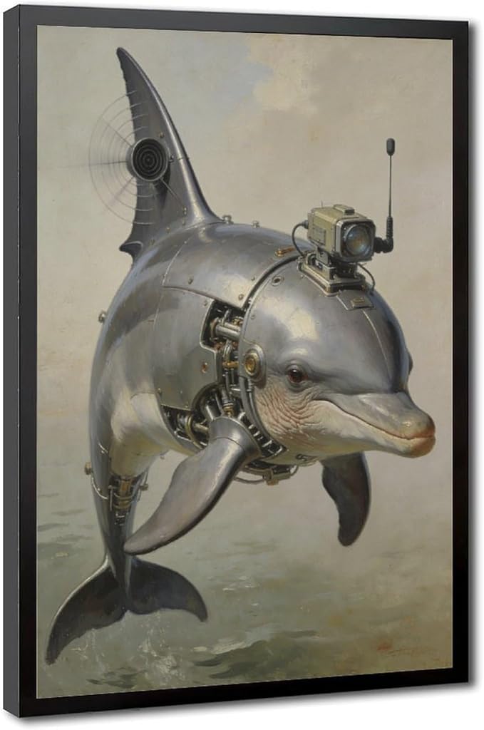 Framed Steampunk Mechanical Dolphin Wall Art - Marine Retro-Futuristic Poster for Beach House Living Room Decor 24x36in