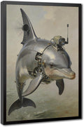 Framed Steampunk Mechanical Dolphin Wall Art - Marine Retro-Futuristic Poster for Beach House Living Room Decor 24x36in