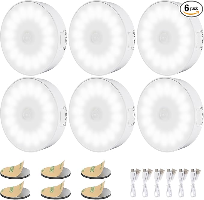 6 Pack Motion Sensor Light Indoor [Upgraded 14 LEDs], USB Rechargeable Night Light, Long Last Battery & 3 Light Modes, Wireless Magnetic Nightlight for Closet, Stairs, Hallway - Cold White