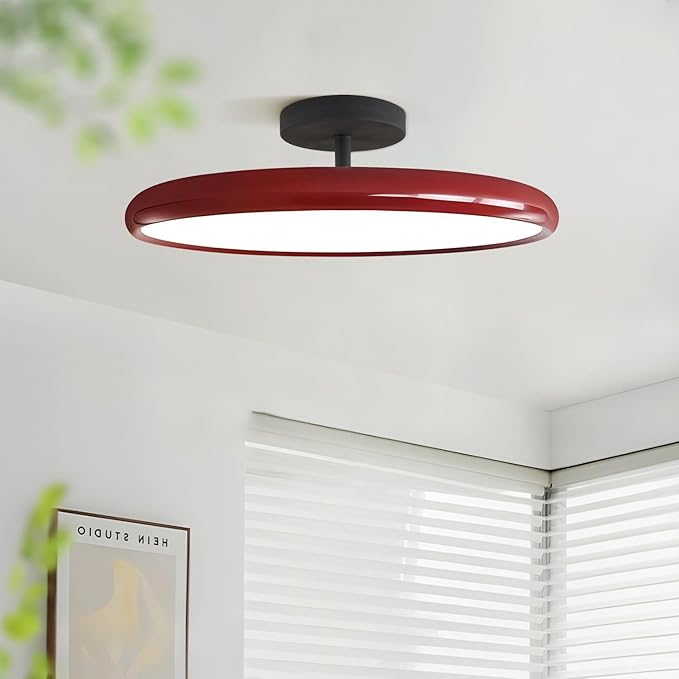 KCO Lighting Modern Red Ceiling Light Fixture Large Industrial Black Flush Mount LED Pendant Lamp Mid Century Flat Rustic Semi Flush Mount Ceiling Light for Porch Hallway Entryway